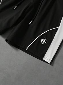 PAVTROS 男士休閒對比色T恤短褲套裝，夏季Y2K復古節慶男孩街頭風新年款，黑白反光條紋拼色圓領T恤套裝，足球風 - 黑色 - 查看 8