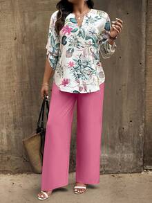 SHEIN LUNE Plus Size Women Tropical Plant Print Ruffle Sleeve Shirt And Pants Casual 2 Pieces Set Fall - Multicolor - View 1
