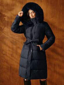 Anewsta Women Casual Padded Jacket With Fur Collar And Hood, Winter - Navy Blue - View 5