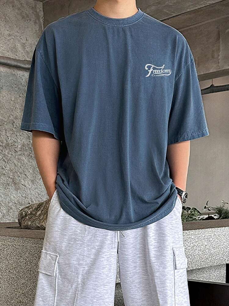 Men's Letter Print Blue Round Neck T-Shirt, Summer