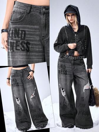 Grunge Punk Y2K Streetwear Punk Graffiti Eye & Star Hand Print Oversized Wide Leg Jeans For Women