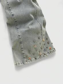 ROMWE MEN Quần jean denim nam casual, chất liệu denim mài, đính đá lấp lánh. - Màu xanh lam - Xem 2