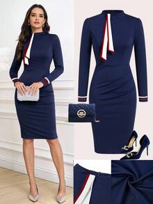 Ellevyn Đầm dài tay ôm sát thanh lịch dành cho nữ, kiểu dáng công sở, phối màu, thích hợp cho mùa thu. - Xanh đậm - Xem 1