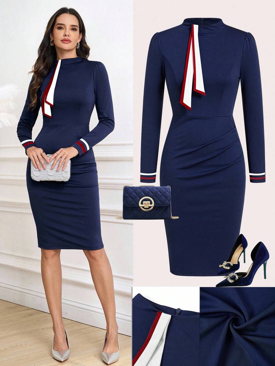 Ellevyn Đầm dài tay ôm sát thanh lịch dành cho nữ, kiểu dáng công sở, phối màu, thích hợp cho mùa thu. - Xanh đậm - Xem 1