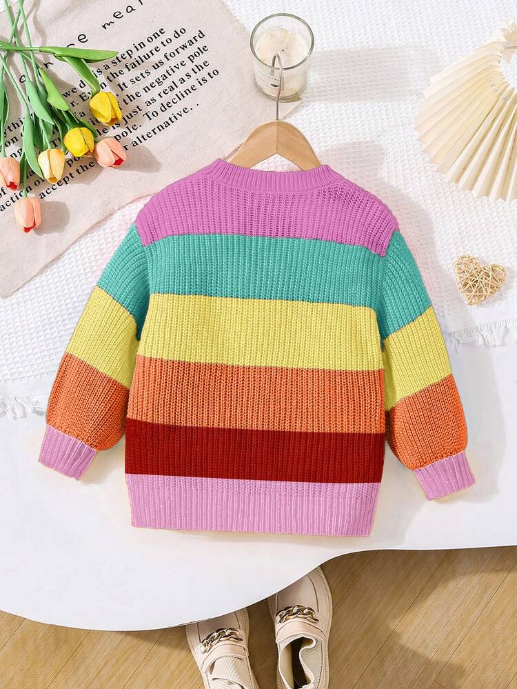SHEIN Sweater Leher Bulat Bertekstur Garis-Garis Warna-warni untuk Anak Perempuan, Cocok untuk Pakaian Kasual Sehari-hari - Purple - View 8