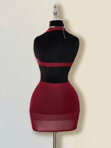 SHEIN ICON Women's Apricot Deep V Rhinestone Sheer Backless Mini Dress, Sexy For Party And Events - Burgundy - View 8
