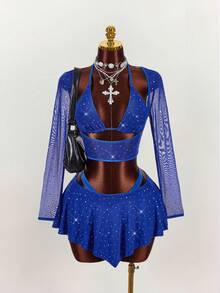 Amplova 两件套：亮片装饰性感紧身长袖露脐上衣和紧身倒V领迷你裙 - 寶藍色 - 查看 4