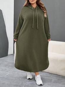 SHEIN CURVE+ 大码女式罗纹长袖连帽宽松连衣裙 - 軍綠色 - 查看 11