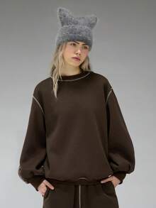 COUREZ 超大款撞色缝线卫衣/Y2K风格女式卫衣/冬季女装/舒适运动套装 - 棕色 - 查看 6