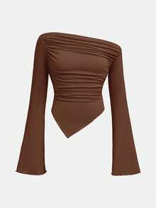 Girlism 少女休闲棕色褶皱长袖修身针织上衣和喇叭裤两件套，居家户外旅行装机场装 - 棕色 - 查看 8