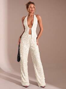 SHEIN Glamour 两件套米色亮片露背性感露肩无袖上衣裤套装，街头风，秋冬套装，演唱会套装，夜店套装，约会套装，优雅套装，舞会套装，锐舞套装，女士生日套装，派对必备，花卉时尚，闪亮套装，情人节套装 - 米色 - 查看 4