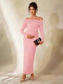 Cheriluna Maternity 孕妇写真礼服，长袖露肩修身连衣裙，饰有多层网纱、蝴蝶结和人造珍珠。 - 粉色 - 查看 6