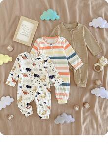 3件套新生女宝宝可爱休闲针织卡通图案长袖连体衣套装 - 白色 - 查看 3