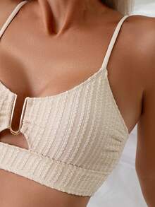 Swim Lushoire 2pcs Women's Summer U-Neck Hollow Out Decorated Tankini Swimsuit Set - Apricot - View 5