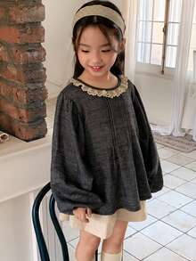 DAZY Young Girls Lace Round Neck Contrast Color Denim Effect Korean Style Long Sleeve Shirt Spring - Grey - View 4