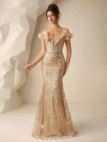Coutiva 秋冬奢华珠饰亮片露肩露背缎面单肩鱼尾晚礼服，适合婚礼宾客、毕业典礼、生日派对、音乐节、婚礼等场合。 - 香檳色 - 查看 7