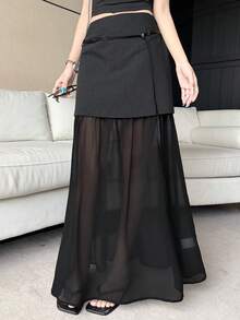 DAZY Chân váy nữ thanh lịch phối lưới, kiểu dáng thường ngày. - màu đen - Xem 2