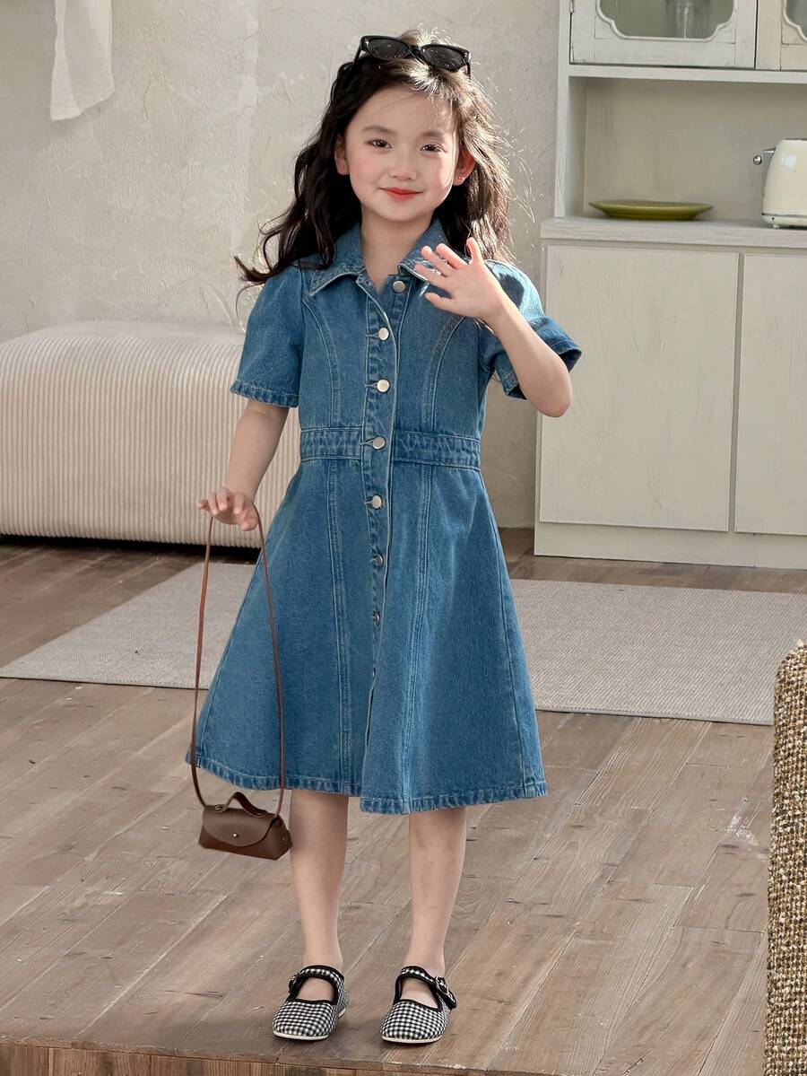 DAZY 少女休闲宽松翻领甜美水洗牛仔连衣裙 - 藍色 - 查看 1