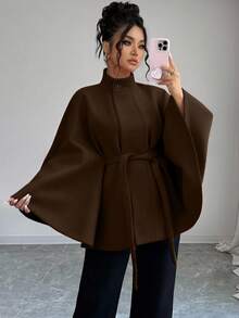 SHEIN Elenzya 大码女士优雅针织羊毛大衣，适合秋冬季节，棕色/巧克力棕色 - 棕色 - 查看 5