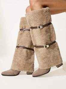 CUCCOO CHICEST Women's Fashionable Commuter Fuzzy Buckle Thick High Heel Knee-High Boots For Christmas - Khaki - View 6