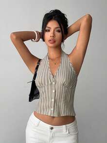 Aloruh Women Cotton Striped Stand Collar Single-Breasted Top Thin Blazer In Fall/Winter - White - View 6