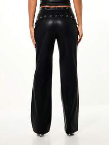 SUMWON WOMEN High Waisted Faux Leather Wide Leg Palazzo Pants With Metal Eyelet Belt Detail For Formal Occasions - Black - View 2