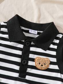 SHEIN 2pcs/Set Baby Boys Casual Fashion Simple Letter Patched Detail Practical Striped Trim Ribbed Sleeveless Polo Collar Gray Knit Tank Top & Knit Shorts Set, Suitable For Summer Home Casual, Outdoor Sports And Daily Wear,Kid Clothes,Toddler Clothes, Baby Outfit, Infant Baby Boys Outfits, Baby Polo Shirt,Toddler Vest,Toddler Short ,Baby Set,3M-3T - Black and White - View 8