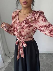 SHEIN Elenzya Đầm maxi dài tay cổ chữ V phối họa tiết hoa, dáng xòe, phong cách Pháp thanh lịch dành cho nữ, thích hợp cho mùa xuân/thu. - Nhiều màu - Xem 3