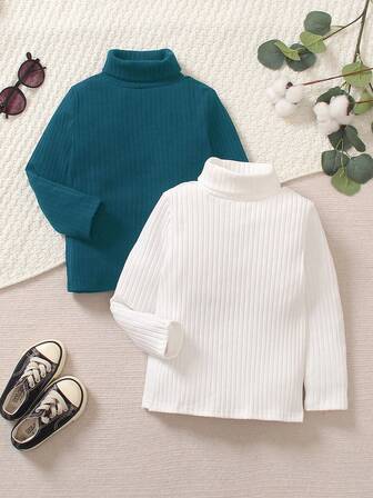 SHEIN Genkimix Kids 2pcs/Set Toddler Boys' Solid Color Turtleneck Ribbed Fabric Long Sleeve T-Shirt, Casual Versatile Sporty Cute Autumn/Winter