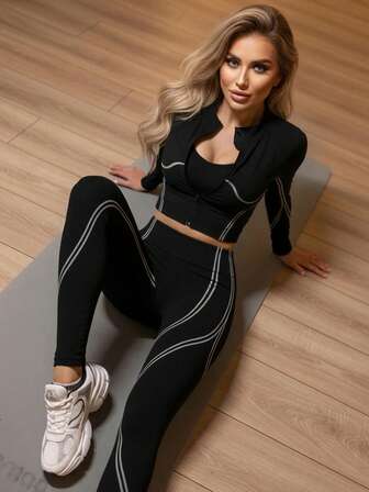 Innovista Conjunto de traje de esquí con top y leggings de costura de contraste para mujer