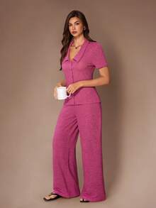 Lazeform 女士简约纯色翻领单排扣修身短袖阔腿裤休闲套装，适合户外穿着 - 玫紅色 - 查看 5