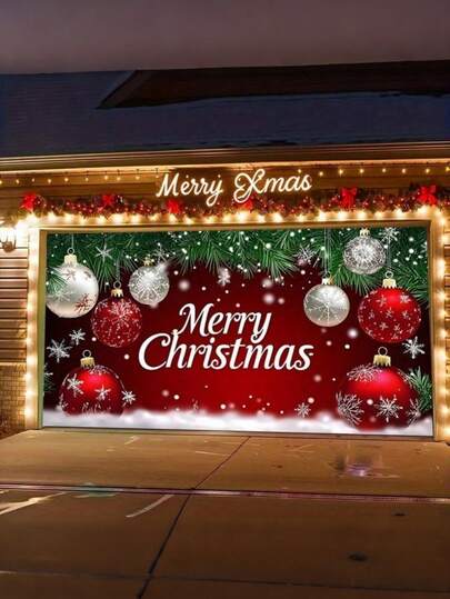1pc Christmas Garage Door Banner, Large Fabric Door Cover Decor, Suitable For Holiday Wall Mural, No Power Needed, Perfect For Photo Booth, Wedding, Party And Holiday Events