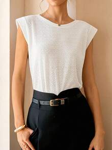 Lymera Summer Casual Solid Color Textured Wide Shoulder T-Shirt - White - View 6
