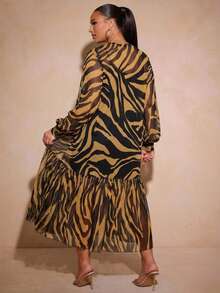 Vixey Animal Print Sheer Mesh Ruffle Hem Balloon Sleeve Dress, Cami Dress Underneath Not Included, Tiger Print Dress - Multicolor - View 2