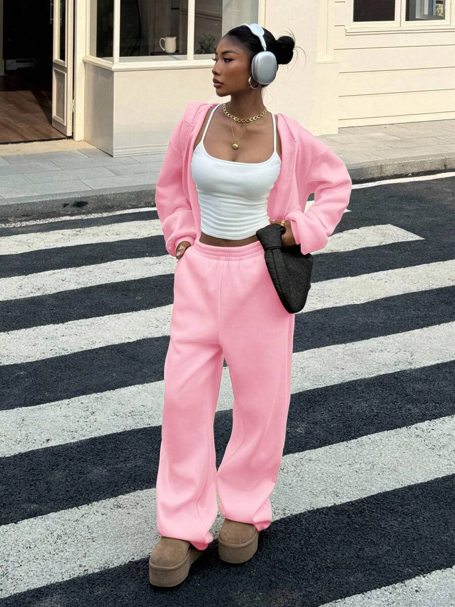 Muchica Bộ đồ 2 món tay dài trễ vai màu trơn đơn giản dành cho nữ - Hồng - Xem 1