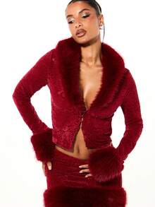 SUMWON WOMEN Luxurious Lace Fitted Long Sleeve Top With Plush Fur Collar Winter Holiday Party Blouse Elegant Evening Wear - Red - View 4