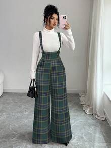 Elenzga Bộ jumpsuit nữ kẻ caro có túi, thời trang, đa năng, thích hợp cho kỳ nghỉ, với ống quần rộng. - Màu xanh lá cây đậm - Xem 6