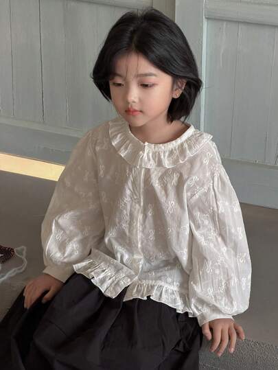 DAZY Áo sơ mi dài tay bèo nhún kiểu dáng thường ngày cho bé gái, thích hợp cho mùa xuân/thu.