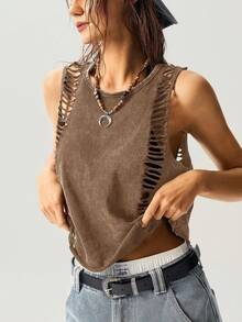 Bohemela Solid Color Knit Cropped Camisole For Women - Brown - View 5