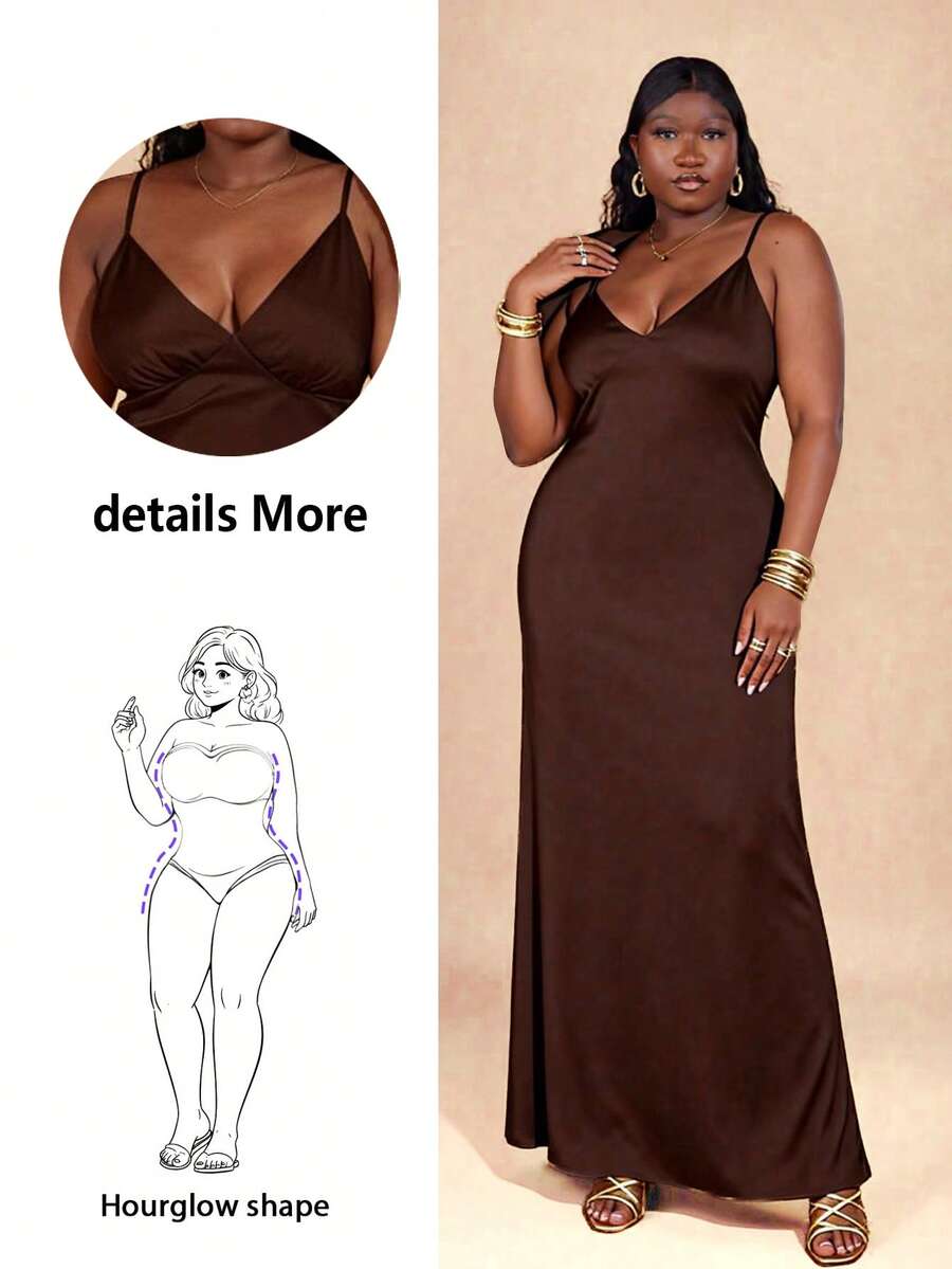 CurvyTilda Maxikleid aus Satin für Damen in Große Größen mit ärmellosem V-Ausschnitt und rückenfreier Passform, Farbe: Gelb, geeignet für Urlaub, Musikfestivals, Geburtstage, Brunch, Hochzeitsgäste, elegante Partykleider für Frauen, Herbstmode für Frauen, Schulkleidung, Y2K-Mode, Landoutfits für Frauen, Vintage-Kleidung für Frauen, Festivaloutfits für Frauen, Hochzeitsgastkleid für Kurven - Kaffeebraun - Übersicht 1