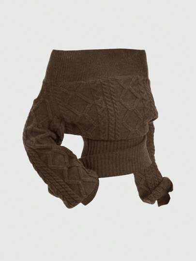 ROMWE Spring Casual Romantic Thick Knit Z-Pattern Gray Off-Shoulder Lantern Sleeve Sweater