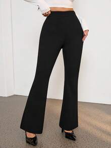 SHEIN PETITE Quần ống loe có khóa kéo dành cho nữ mùa thu/đông, thích hợp đi học, kiểu dáng kín đáo, cổ điển, dành cho giáo viên, sân bay, trang trọng, thanh lịch, mùa hè, mùa xuân, đám cưới, phong cách cổ điển, công sở. - màu đen - Xem 8