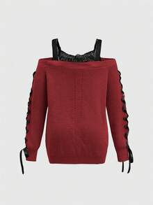 ROMWE 复古红色V领撞色蕾丝露肩毛衣，宽松大码毛衣，大码女式上衣 - 紅色 - 查看 2