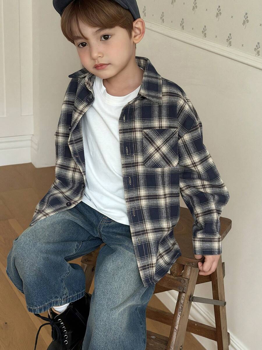 DAZY 男童格子落肩长袖单排扣休闲口袋衬衫 - 棕色 - 查看 1