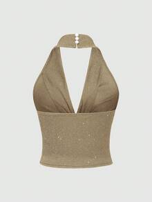 SHEIN PETITE Women's Sequin Metallic Knit Halter Neck Cropped Camisole Top, Sexy Bodycon Backless Top - Khaki - View 2