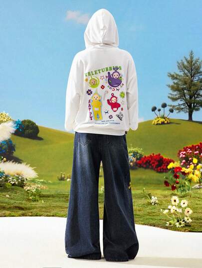Teletubbies X ROMWE Cute Cartoon Pattern Zip-Up Pockets Women Sweatshirt, White, Autumn/Winter