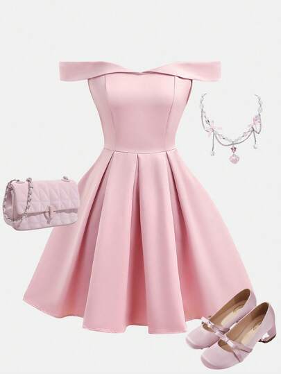 Girlism Vestido de estilo vintage con hombros descubiertos y cintura imperio para adolescentes