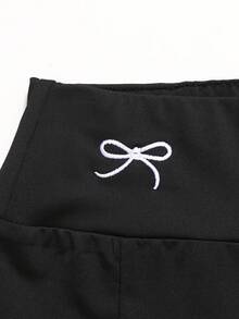 SHEIN 少女春夏休闲百搭刺绣蝴蝶结口袋修身喇叭针织裤，黑色 - 黑色 - 查看 4