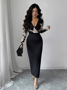 Rafferiza Women's Cross-Neck Deep V-Neck Design, Mesh Embroidery, Three-Dimensional Flowers, Knitted Tight Stretch Dress, Valentine's Day,Suitable For Daily Wear, Weddings, Banquets, Daily Commutes, Graduation Parties, Festival Events - Black - View 3