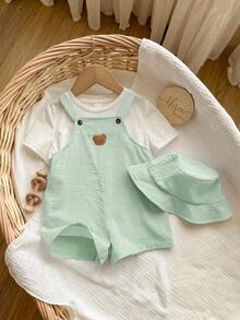 2件套婴儿男女童夏季条纹背带裤和渔夫帽套装，居家、外出、海滩休闲装 - 薄荷綠 - 查看 3